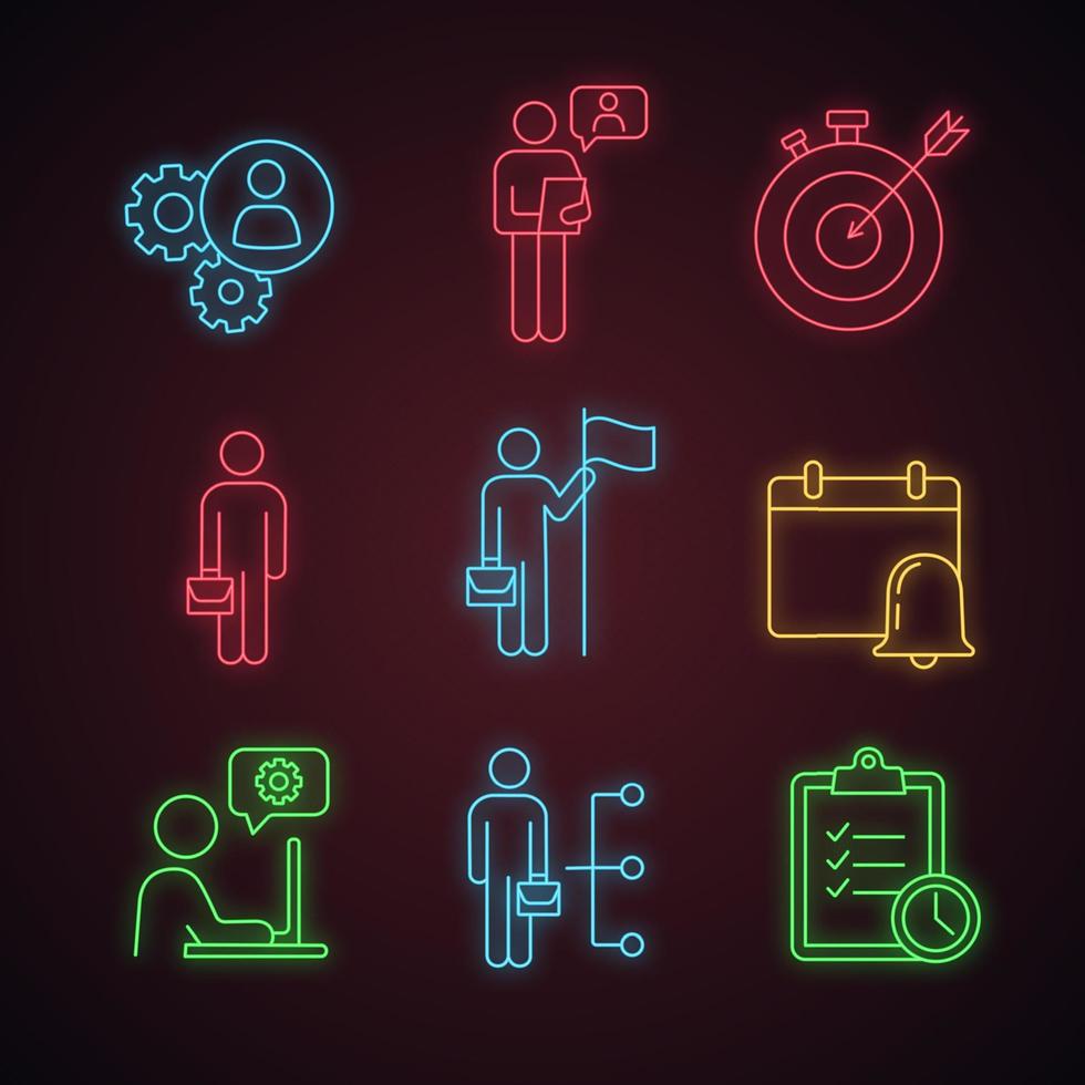 bedrijfsbeheer neonlicht pictogrammen instellen. manager, kantoor, partnerschap, zakenman, doel bereiken, herinnering, cv, taak oplossen, team. gloeiende borden. geïsoleerde vectorillustraties vector