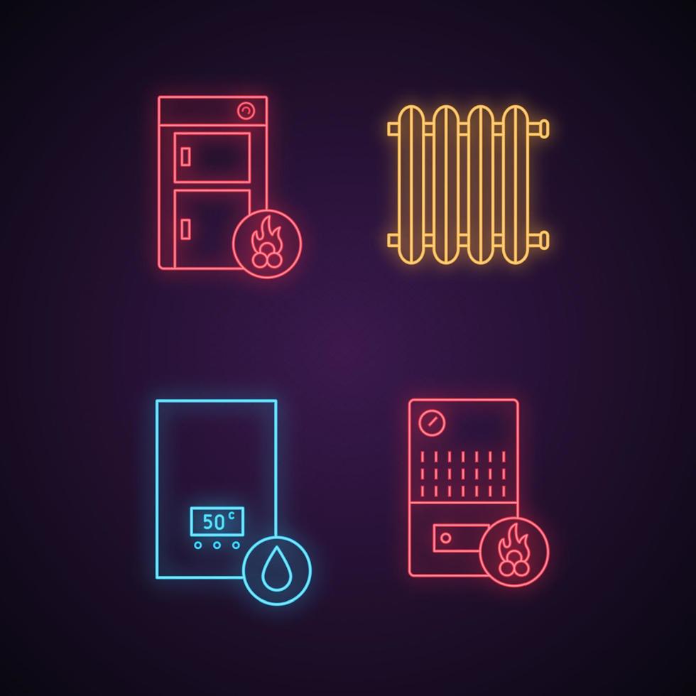 verwarming neonlicht pictogrammen instellen. vaste brandstofketel, radiator, gasboiler. gloeiende borden. geïsoleerde vectorillustraties vector