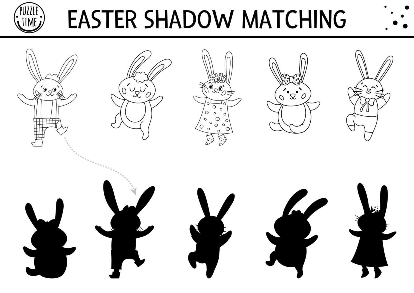 Pasen zwart-wit schaduw matching activiteit voor kinderen met konijnenfamilie. schets lente puzzel met schattige dieren. vakantieviering educatief spel voor kinderen. vind het juiste silhouet vector