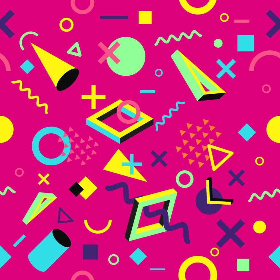 vector naadloze patroon met veelkleurige geometrische vormen op donkere achtergrond. retro vintage abstracte kunstdruk. mode 80s-90s. ontwerp in memphis-stijl. behang, doekontwerp, stof, papier, textiel.