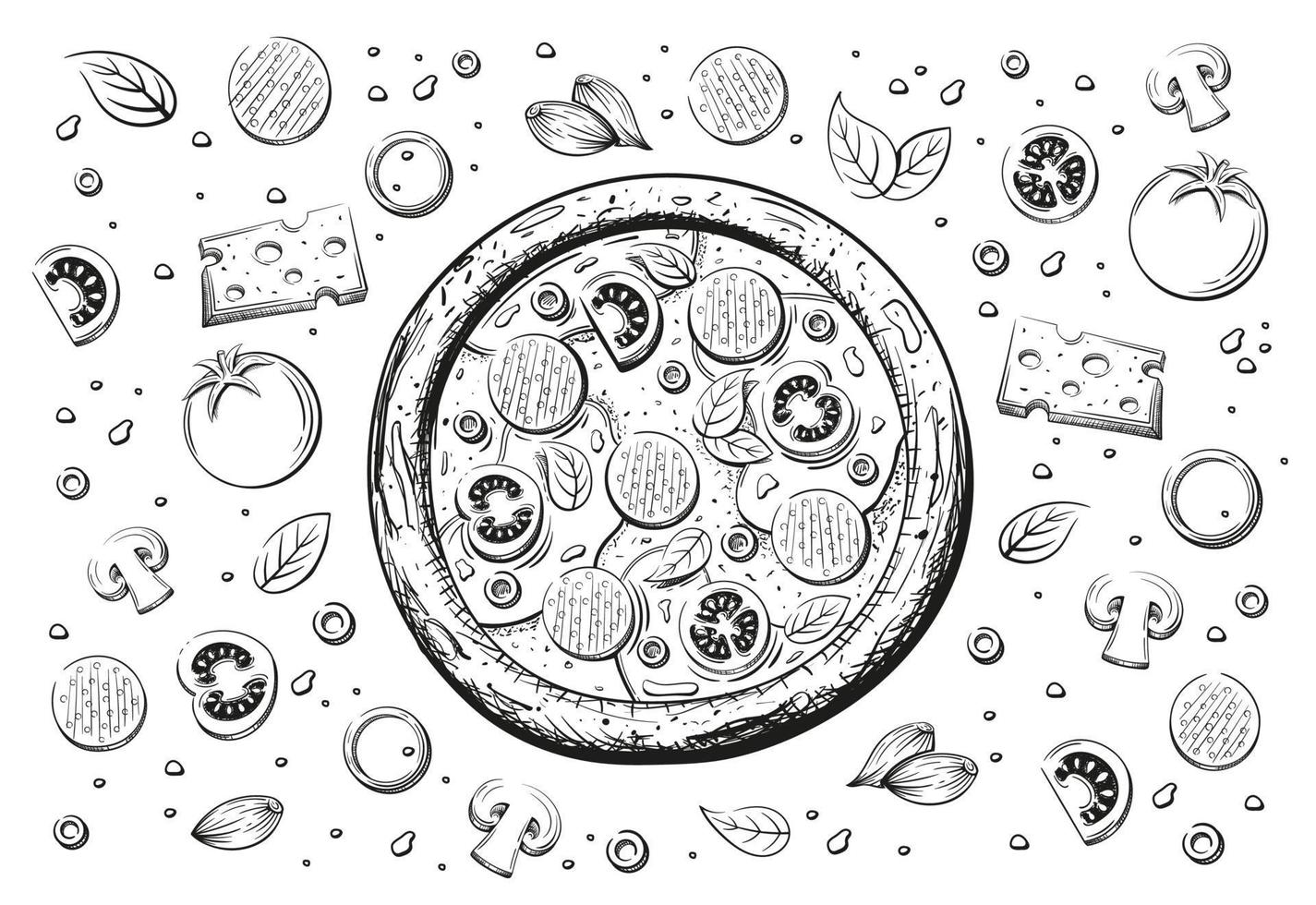 schets van Italiaanse pizza geïsoleerd op een witte achtergrond vector