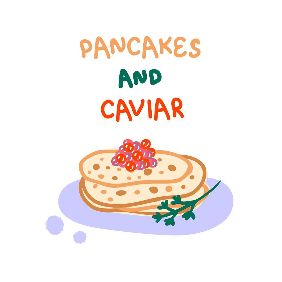 hand getekende traditionele pannenkoeken met kaviaar vector clipart.