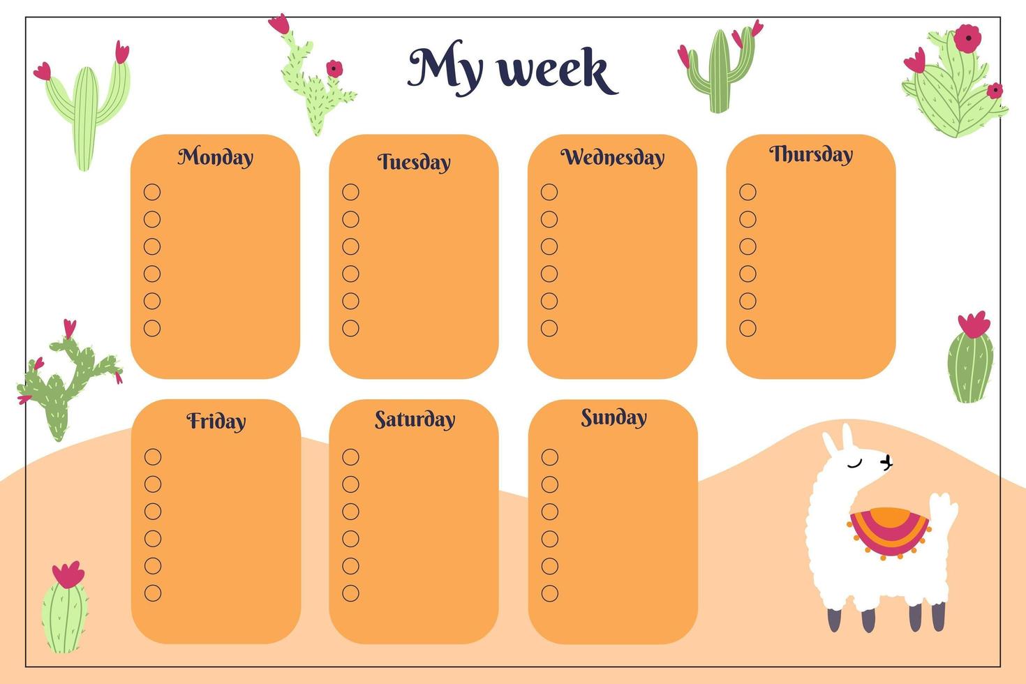 wekelijkse planner voor kinderen met handgetekende cactus en lama alpaca in cartoon kinderachtige stijl. kleurrijke vectorillustratie voor stationair, schema, lijst, schoolrooster, buitenschoolse activiteiten vector