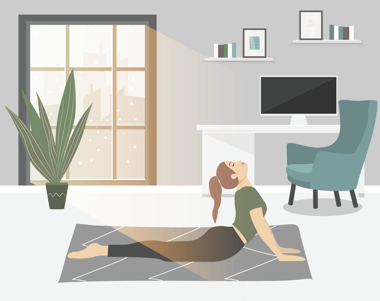 blijf thuis concept. meisje dat yoga, meditatie beoefent. vrouw doet oefening in gezellig modern interieur. vector