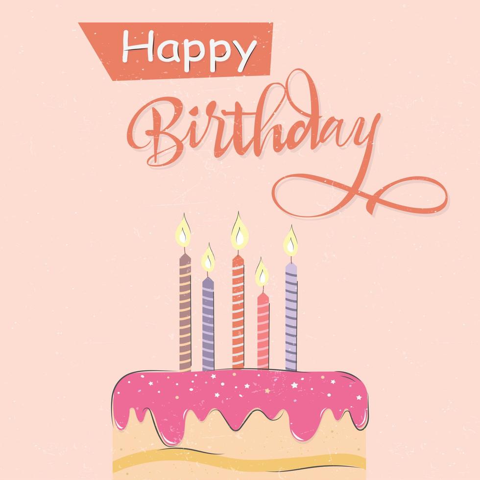 gelukkige verjaardagskaart en feestuitnodiging met cake en kaarsen in vintage stijl vector