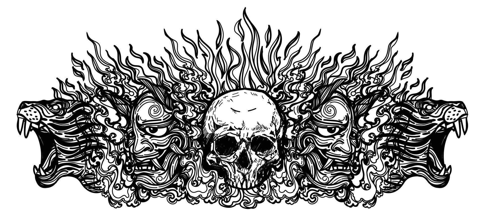 tattoo art schedel duivel masker en tijger tekening schets zwart wit vector