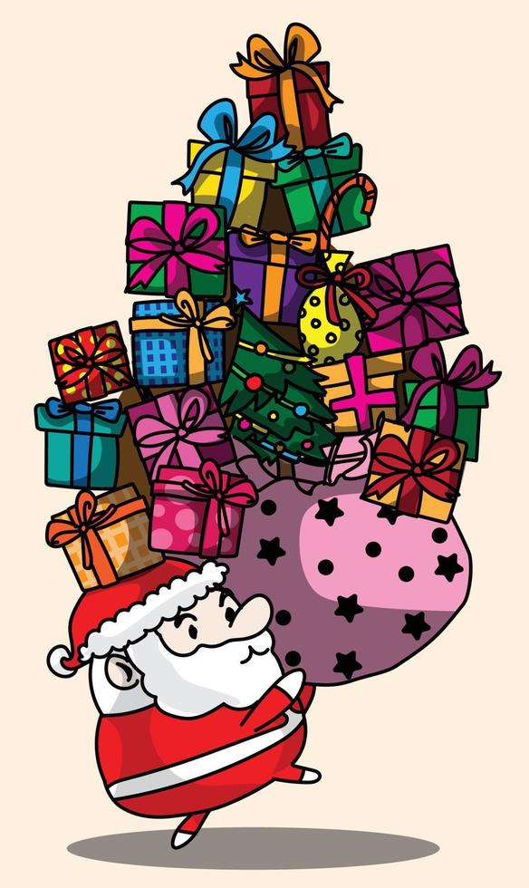 happy christmas santa til de doos cadeau hand tekenen vector