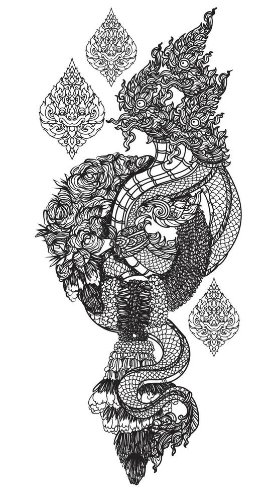 tattoo art thai dargon hand tekenen en schetsen zwart en wit vector