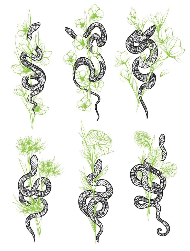 tattoo art slang en bloem tekenen en schetsen zwart en wit vector