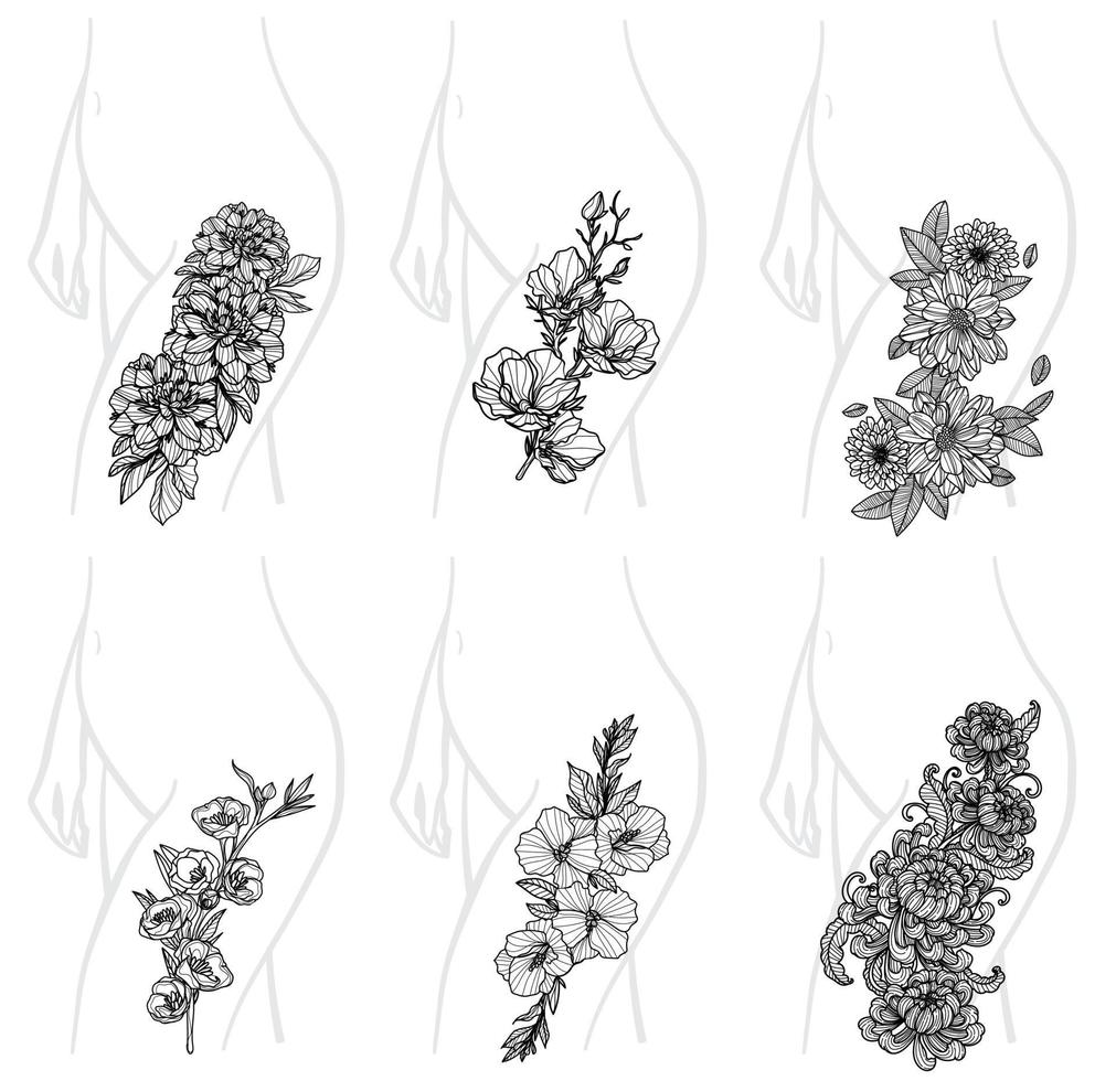 bloemen kunst groot formaat voor tattoo handtekening schets zwart-wit vector