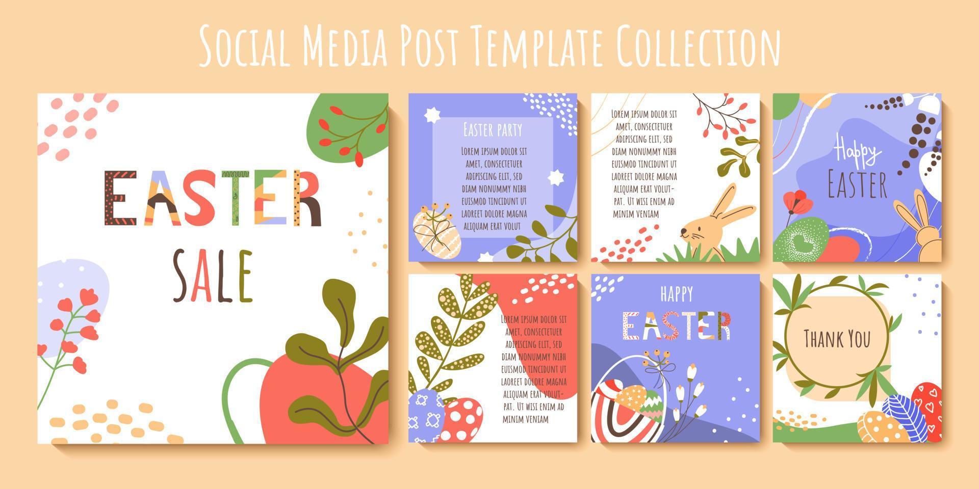 happy easter social media post template collectie. verkoop bannerontwerp met eieren, konijn, doodle planten in felle kleuren. set vierkante trendy sjablonen perfect voor kaarten, uitnodigingen, online advertentie. vector