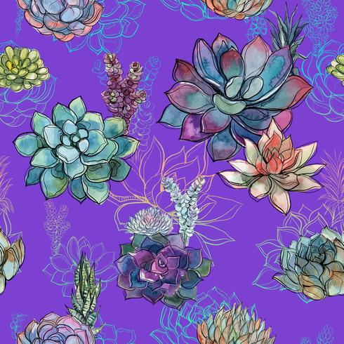 Naadloos patroon met succulents op purpere achtergrond. Graphics. Waterverf. vector