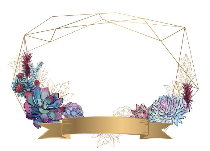 Gouden geometrisch frame met vetplanten. Uitnodiging. Vector.Watercolor. Graphics. vector