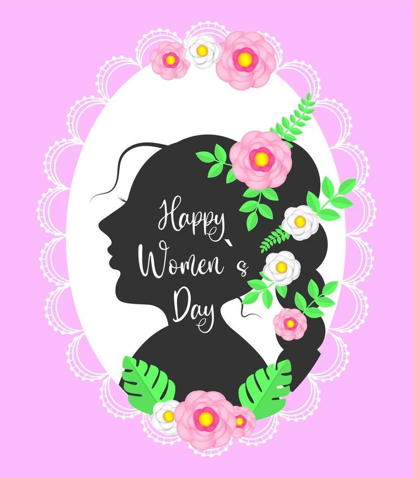 vrouwenprofiel, vrouwendag 8 maart decoratief silhouet op een roze achtergrond. happyholiday papier knipsel vector
