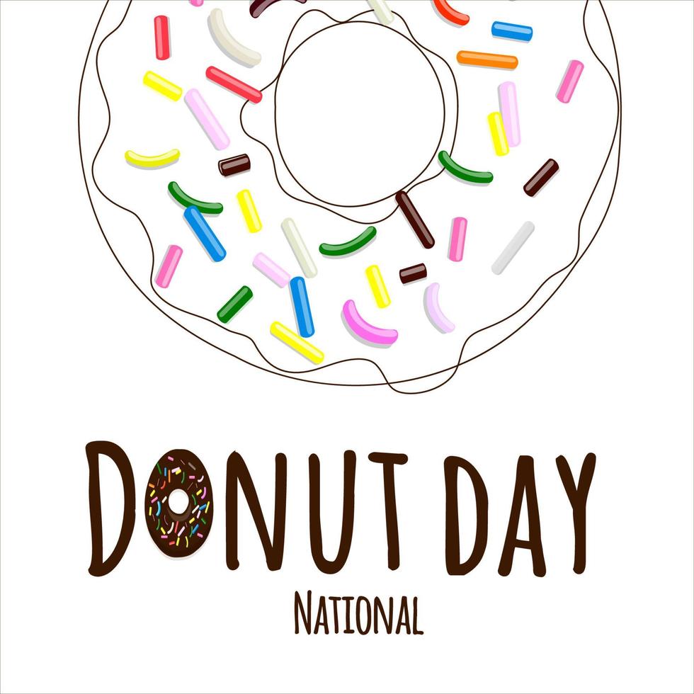 nationale donut dag tekst in cartoon stijl met veelkleurige gebak topping op donut in zeer fijne tekeningen geïsoleerd op een witte achtergrond vector