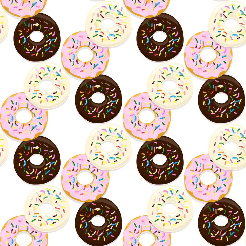 vector naadloze patroon illustratie van donuts in chocolade, roze en licht glazuur op een witte achtergrond.