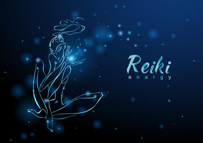 The Reiki Energy. Het meisje met de stroom van energie. Meditatie. Alternatief medicijn. Esoteric. Vector