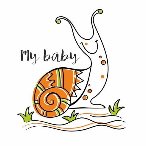 Slak. Mijn baby. Inscriptie. Voor kinderen. Doodles. Scandinavische stijl. Vector. vector