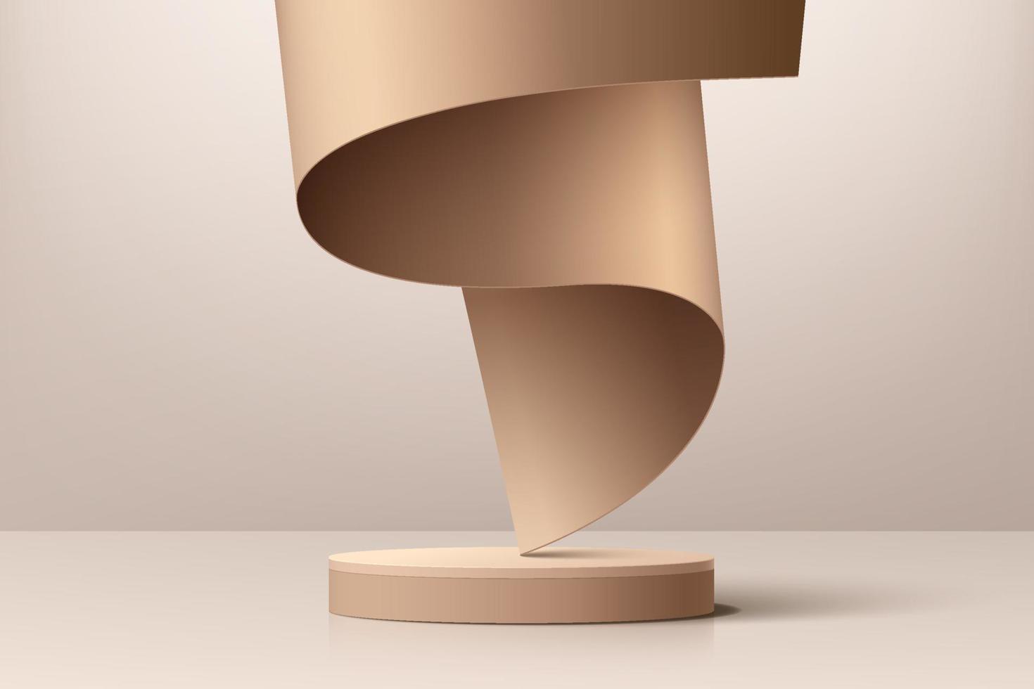 realistisch beige en wenkbrauw 3d cilinder voetstuk podium met luxe stoffen vliegende pagina. minimale wandscène voor productenshowcase, podiumpromotiedisplay. vector abstract studio kamer platform ontwerp