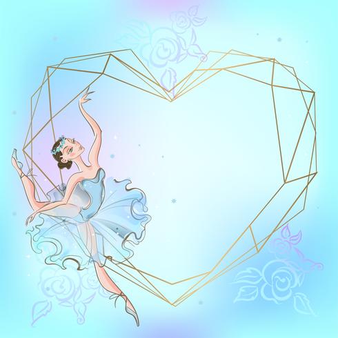 Frame hart met ballerina. Blauw. Vector illustratie.