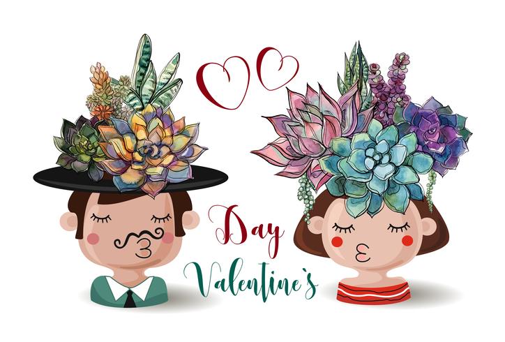 Fijne Valentijnsdag. Jongen en meisje met bloemen vetplanten. Waterverf. vector