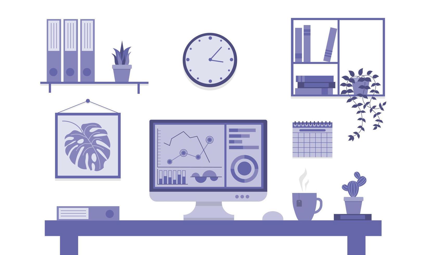 een moderne werkplek thuis of op kantoor met een computer, boeken, briefpapier, een kopje koffie en planten. een handige desktop voor een manager of freelancer. vector