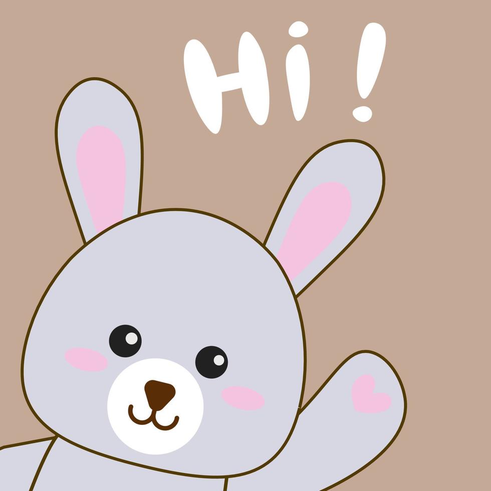 het schattige konijntje zegt hallo. een afbeelding voor een kinderkaart, vakantie-uitnodigingen, groeten, decoratie van een kinderkamer. vlakke stijlillustratie voor omslagontwerp, notitieboekjes, mokken vector