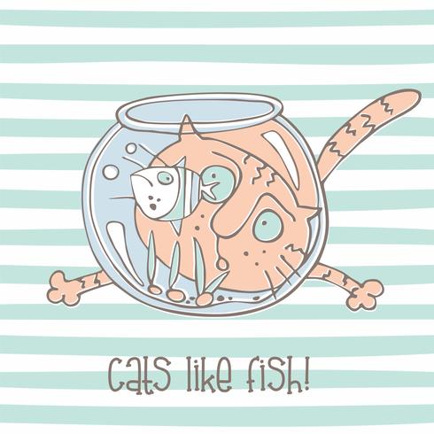 Leuke kat met aquarium en vissen. Vector illustratie.