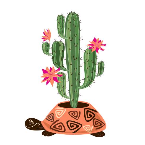 Bloeiende cactus in pot de vorm van een schildpad. Vector