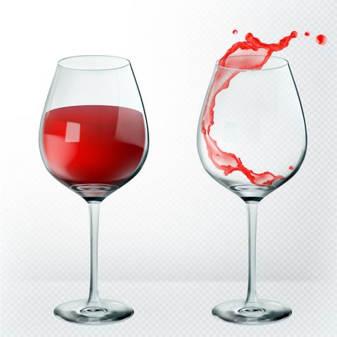 Transparant wijnglas. Leeg en vol. 3D-realisme, vector pictogram.