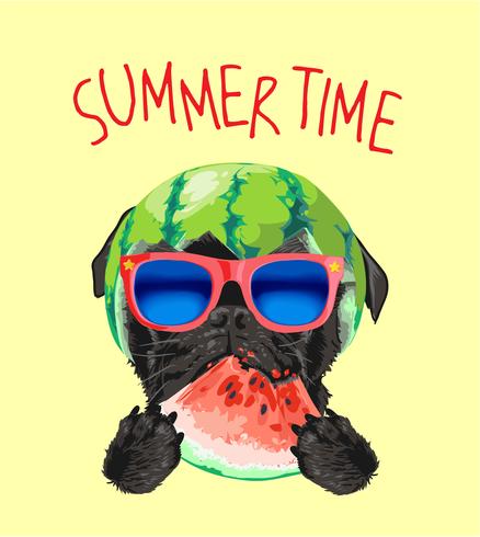 zwarte pug hond in zonnebril en watermeloen illustratie vector