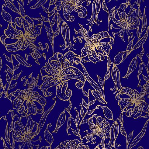 Gouden lelies op een donkerblauwe achtergrond. Naadloos patroon. Vector