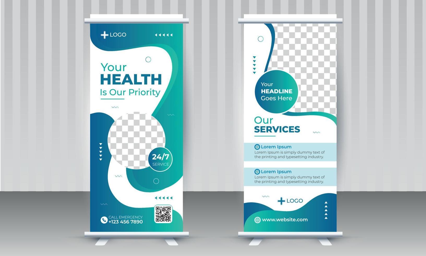 moderne medische gezondheidszorg x roll-up banner ontwerpsjabloon met prachtige vormen en kleurverloop vector