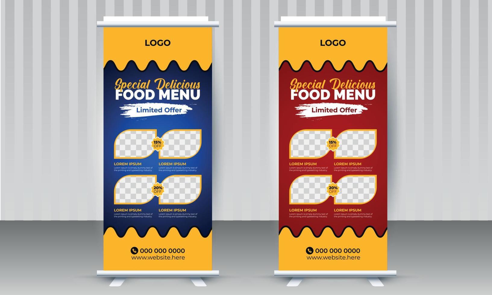 nieuwste food x rollup banner ontwerp vector sjabloon met twee kleuren variant blauw en rood