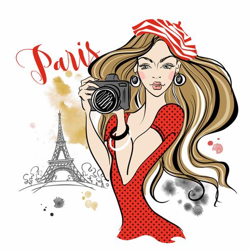 Meisjestoerist met een camera die beelden van aantrekkelijkheden in Parijs neemt. Reis. Eiffeltoren. Vector. vector