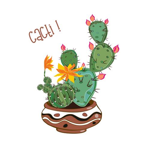 Cactussen in een kleipot. Cactussen in een pot. Vector illustratie.