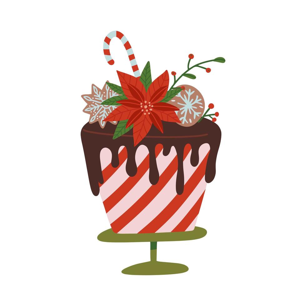 kerst zelfgemaakte dessert. vakantie xmas cake versierd met chocolade, peperkoek, snoepgoed, poinsettia. vector platte cartoon illustratie van zoete feestelijke maaltijd geïsoleerd op white