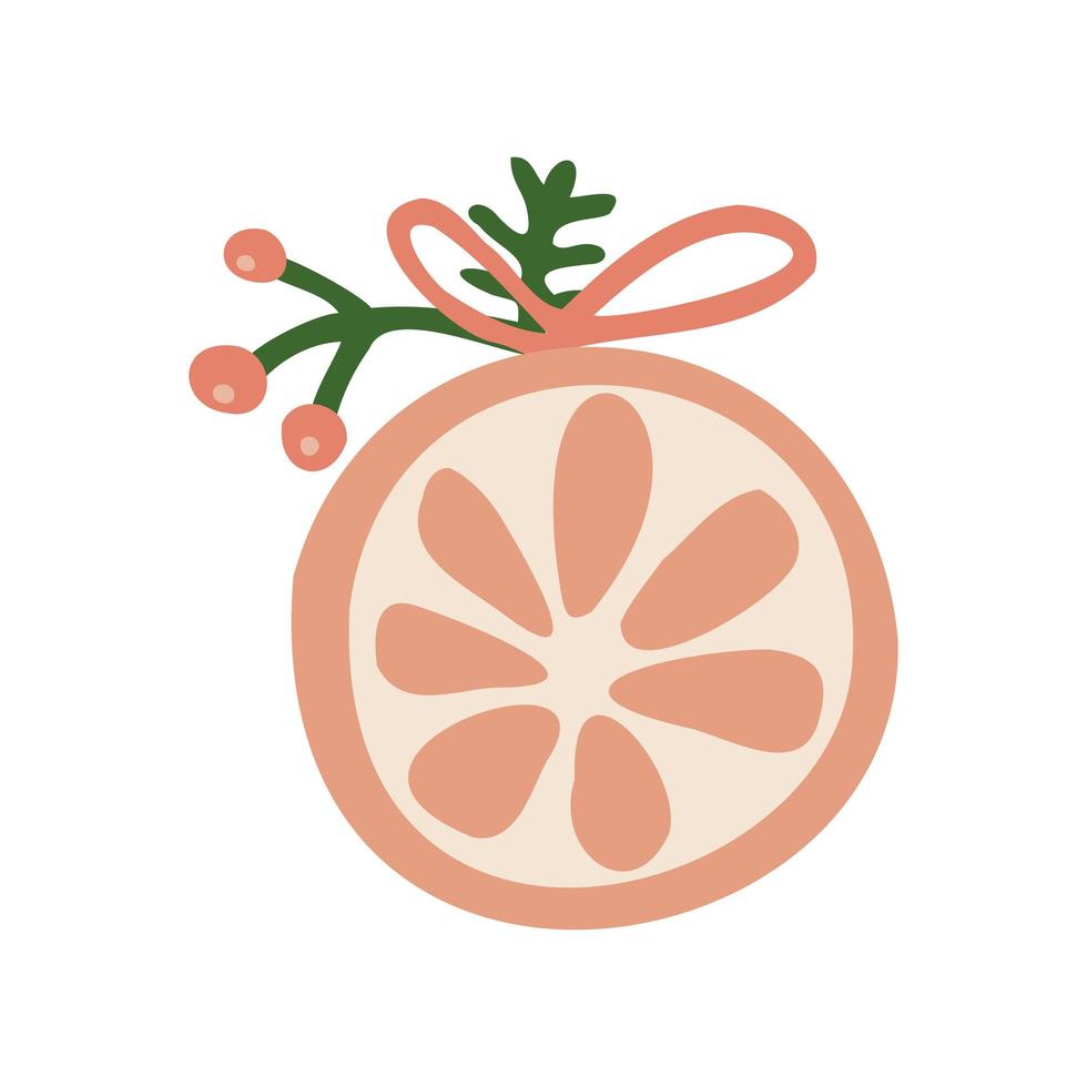 halve of schijfje sinaasappel met een dennentak, bessen en strik. kerst gedroogd fruit, winterdecoratie. uit de vrije hand geïsoleerd element. platte vectorillustratie. slechts 5 kleuren - gemakkelijk opnieuw te kleuren. vector