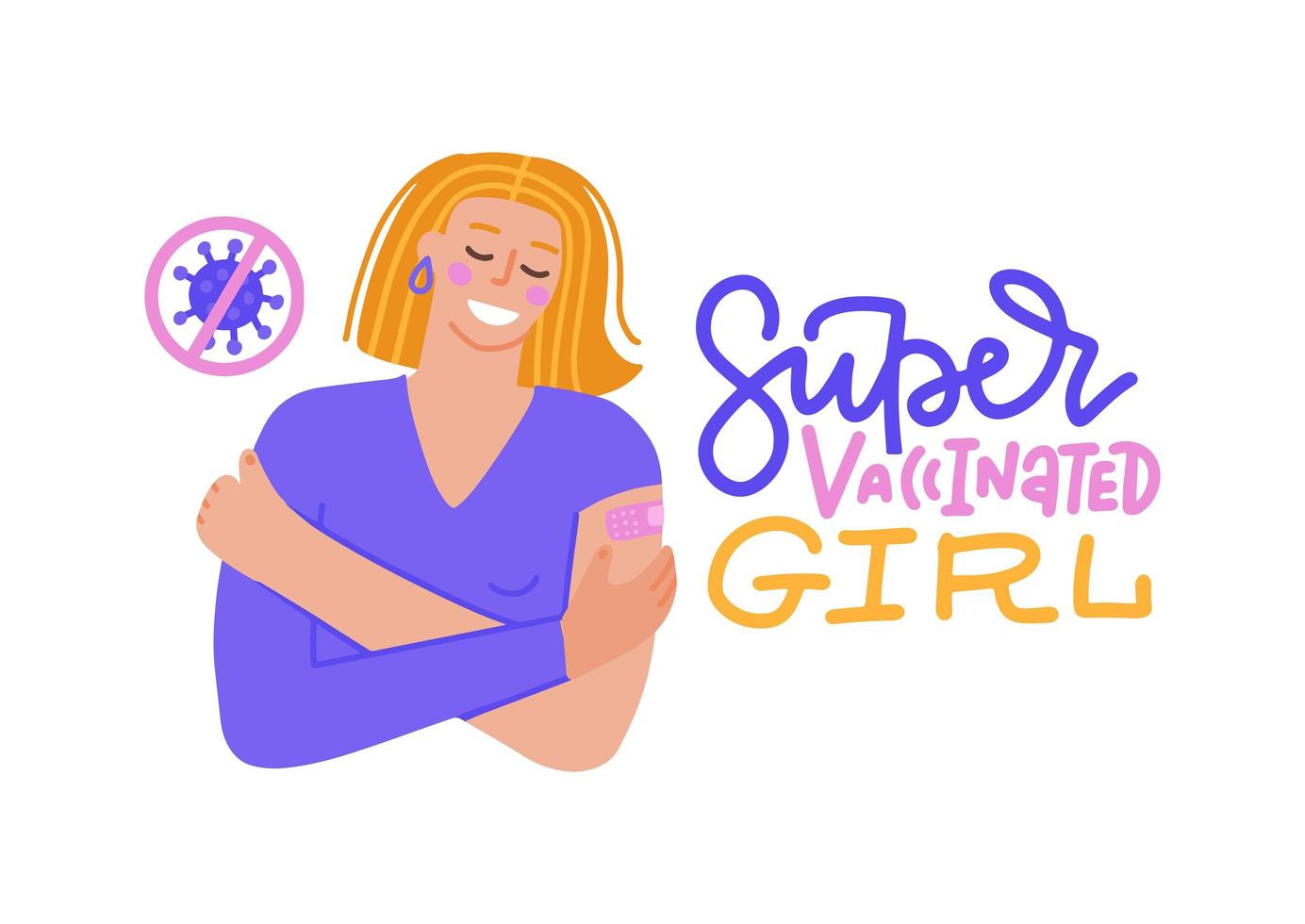 jonge vrouw die gevaccineerde arm met patch toont. handgetekende letters van super gevaccineerd meisje. vaccindistributie voor de algemene bevolking. platte hand getekende vectorillustratie. vector