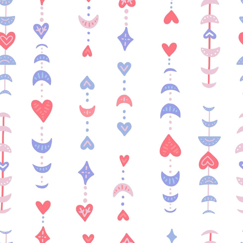 valentijnshart en maanfasen naadloos patroon. roze en blauw vrouwelijk mystiek en bohemien concept. platte vectorillustratie. vector