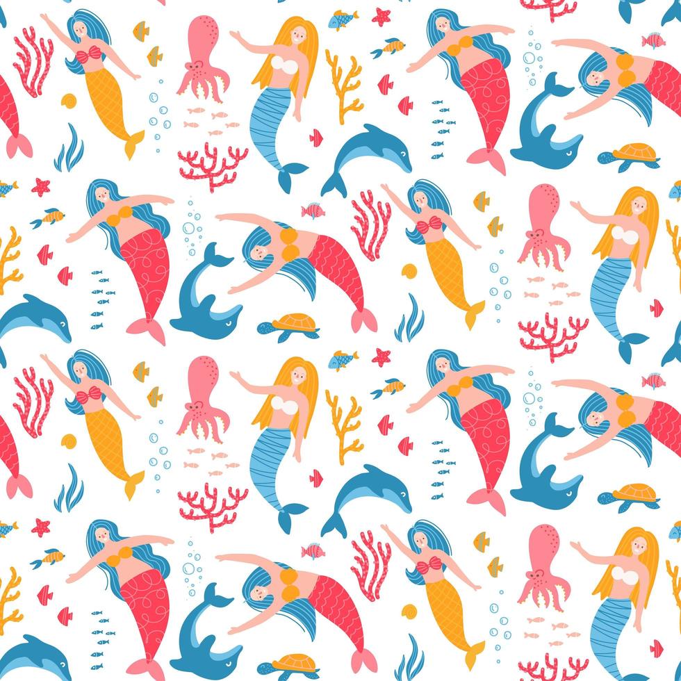 schattig naadloos patroon met volwassen zeemeerminnen, dolfijnen, zeewier en vissen. zee herhaalde textuur met stripfiguren. print voor kinderen stof en inpakpapier. onderwater platte vector achtergrond.