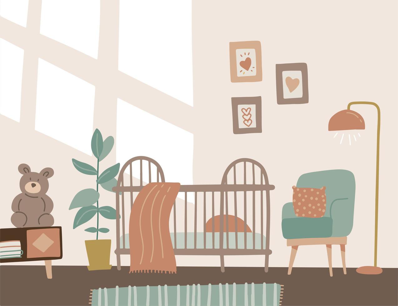 moderne comfortabele baby peuter slaapkamer, kinderkamer interieur. babybedje, stoel, tafel en plant. muur met decoraties en raamlicht. vlakke stijl vectorillustratie. Scandinavische stijl. vector