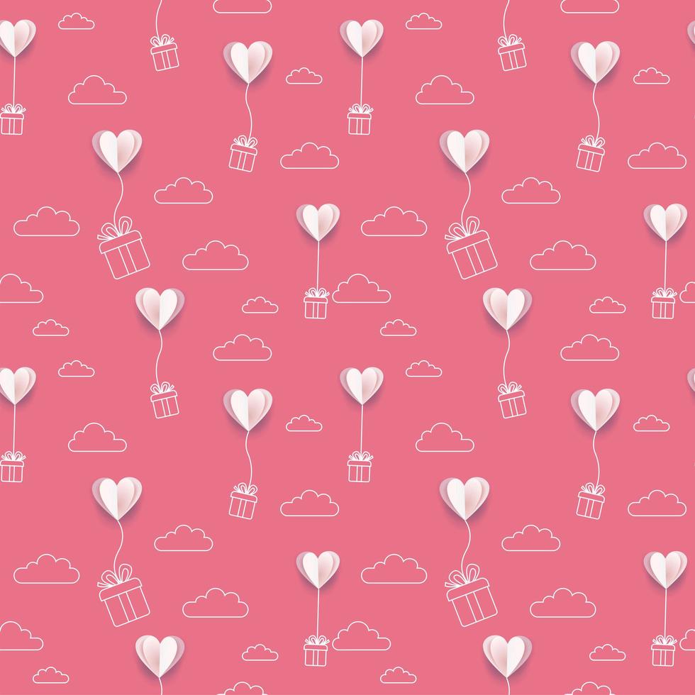 Valentijnspapier zet harten ballonnen met lijn kunst geschenkdozen en wolken achtergrond. naadloze patroon voor gelukkige moeder s of Valentijnsdag wenskaart ontwerp. vector 3d en vlakke afbeelding