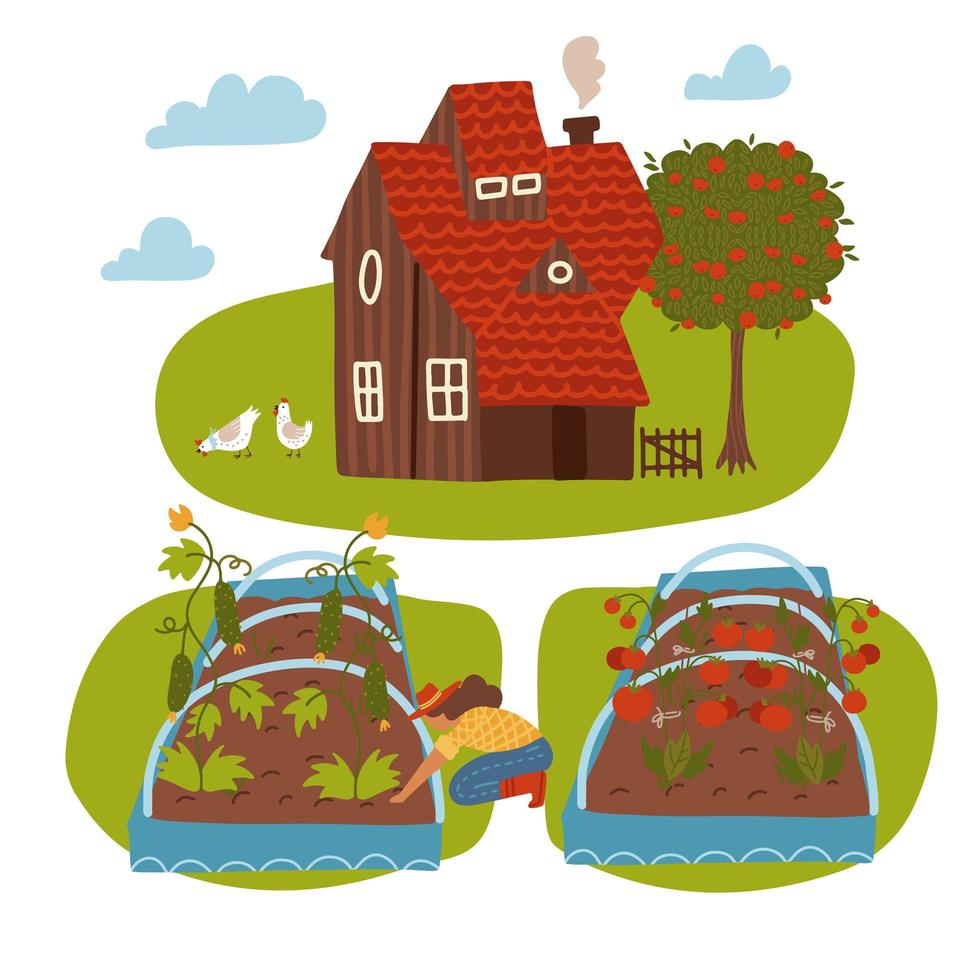 boerderijscène met landhuis, boerin, zomerlandschap en tuinbed. tuinieren en landbouw concept. cartoon platte vectorillustratie vector