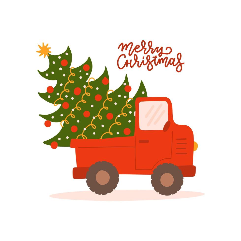 vintage rode vrachtwagen met kerstboom. xmas wenskaart met belettering tekst - merry christmas... rode pick-up met versierde spar. platte vectorillustratie. vector