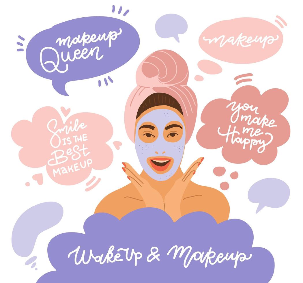 een jong meisje gewikkeld in een handdoek, met een handdoek op haar hoofd, met een cosmetisch masker op haar gezicht. make-up koningin. glimlach is de beste make-up. je maakt me gelukkig. platte vectorillustratie. vector