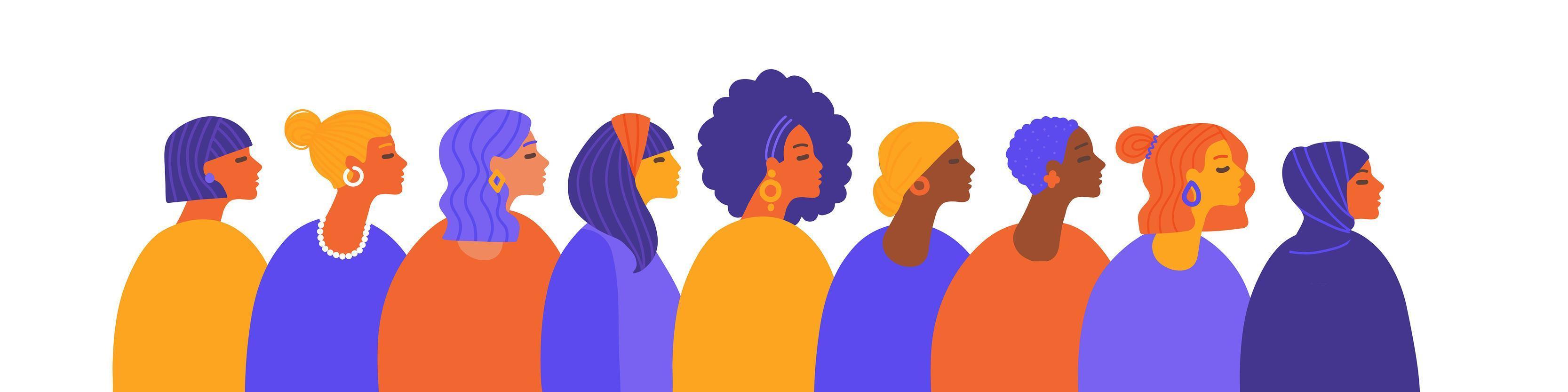 vrouwelijke diverse gezichten, verschillende etniciteit en kapsel. beweging voor empowerment van vrouwen. girl power. fijne internationale Vrouwendag. platte vectorillustratie, spandoek of poster. vector