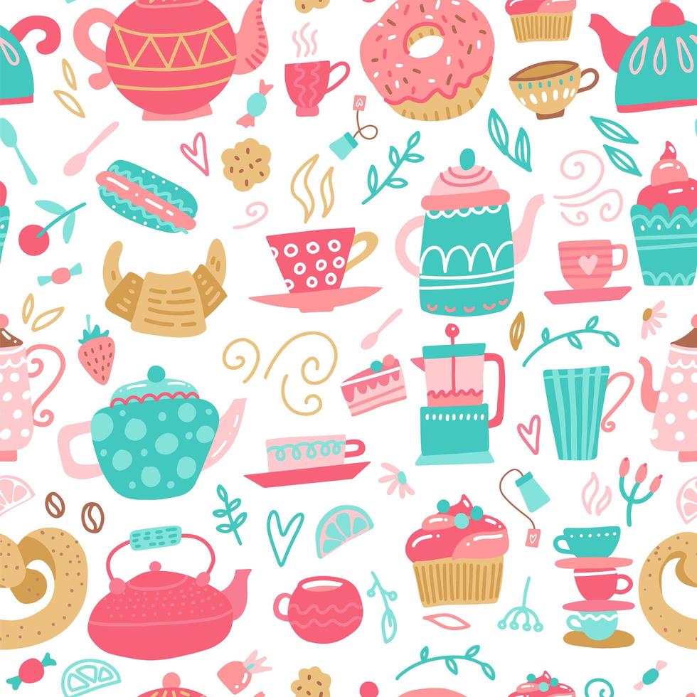 naadloos patroon met hand getrokken theetijdsymbolen op witte achtergrond. cartoon kleur thee en snoep achtergrond omvatten kopje, theepot, cake, cupcake, snoep en dessert. platte vectorillustratie vector