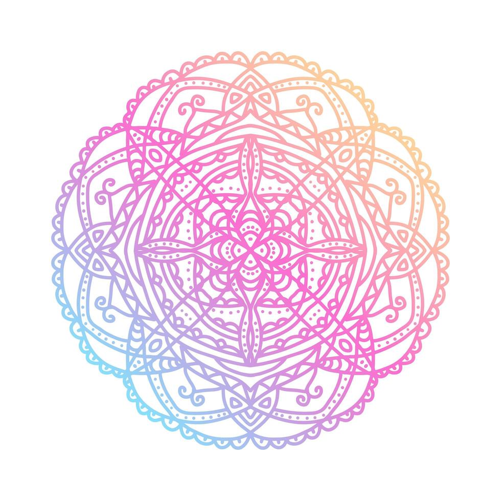 ronde gradiëntmandala op witte geïsoleerde achtergrond. vector boho mandala in blauwe, gele en roze kleuren. mandala met abstracte patronen. yoga sjabloon