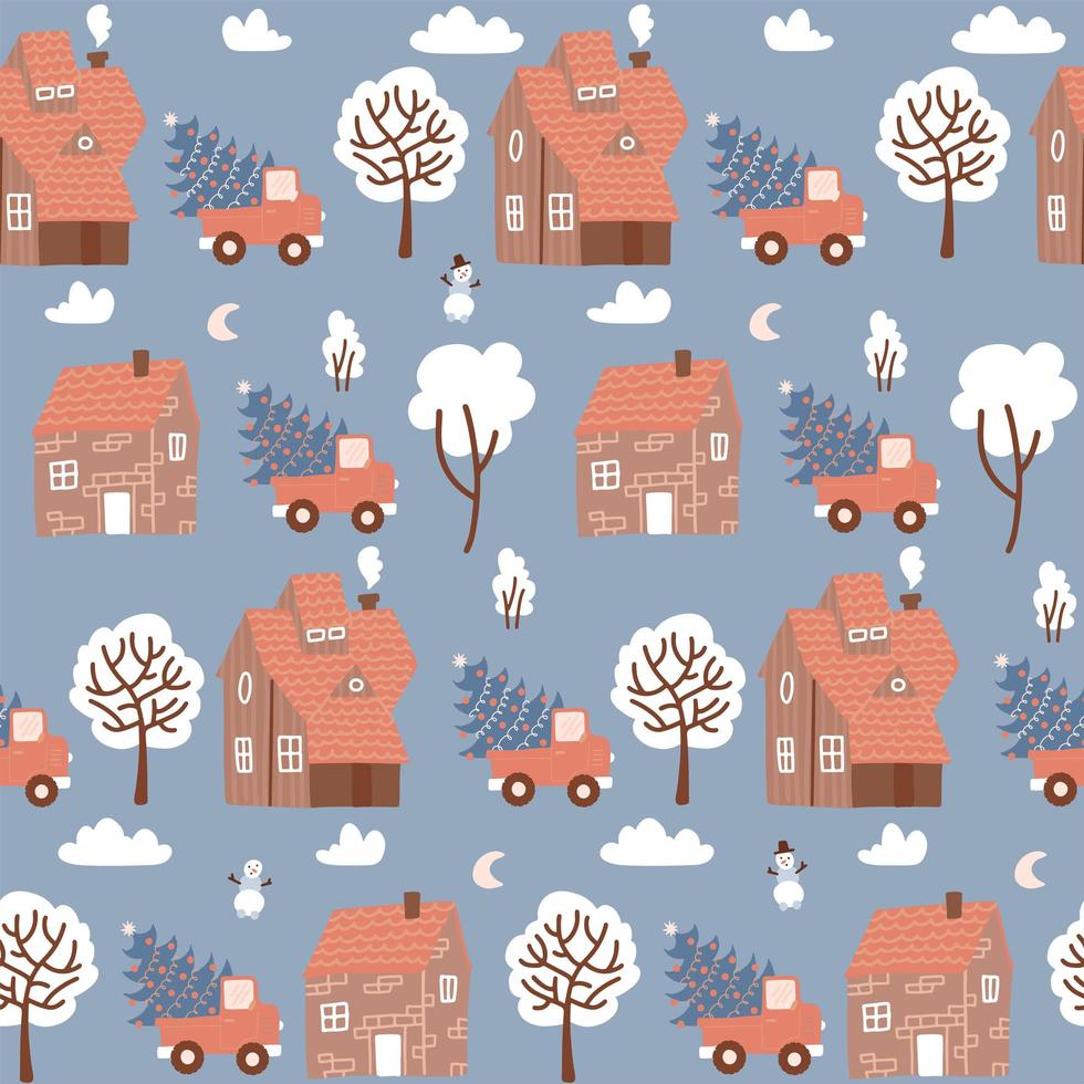 naadloos patroon met winterhuizen voor kerstmis en rode retro pick-up met een dennenboom. kerststoffen en decor. platte vector hand getekende illustratie.